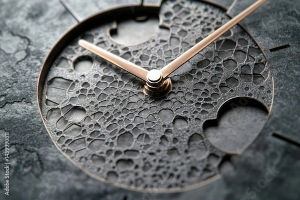Obraz Close-up of a meticulously crafted watch face, showcasing intricate, dark gray textured metalwork with rose gold hands.