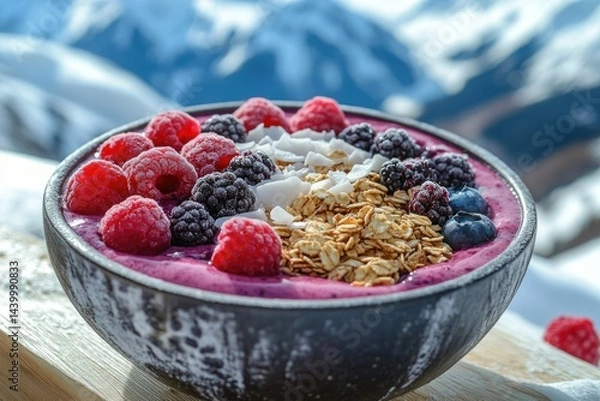 Obraz A vibrant smoothie bowl topped with frozen raspberries, blackberries, blueberries, oats, and coconut flakes, enjoyed against a snowy mountain backdrop.