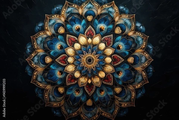 Obraz Intricate mandala design with blue, gold, and red hues, showcasing symmetrical patterns and ornate details.