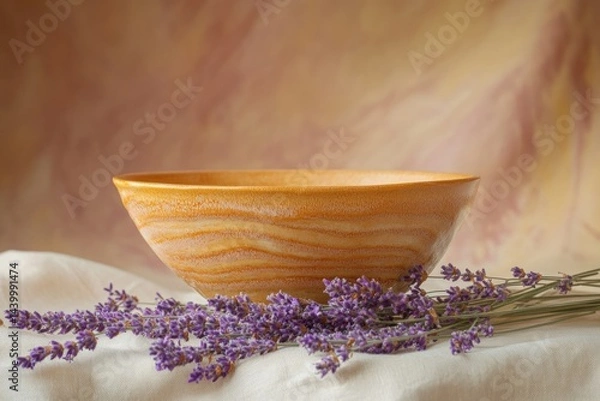 Obraz A wooden bowl with a beautiful grain sits on a linen cloth, adorned with a sprig of fragrant lavender.