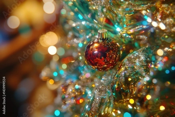 Obraz A shimmering amber ornament hangs on a sparkling Christmas tree, surrounded by festive lights.