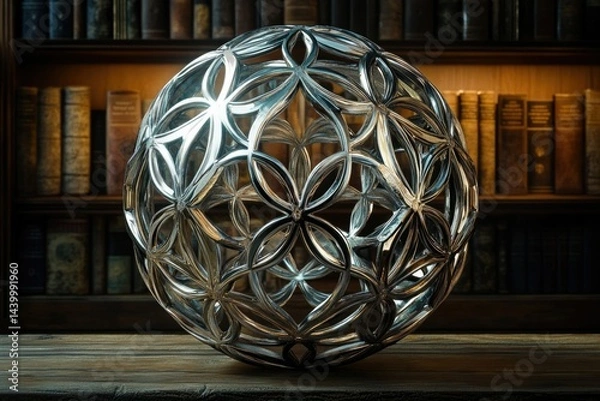 Obraz A silver sphere with intricate flower-like patterns sits on a wooden surface, in front of a bookcase filled with antique books.