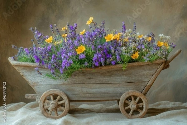 Obraz A rustic wooden cart overflowing with vibrant purple lavender and sunny yellow wildflowers.