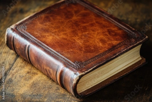Obraz Antique leather-bound book resting on a wooden surface, showcasing its aged texture and craftsmanship.