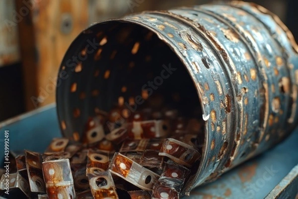 Obraz Rusty metal can overflowing with aged, decaying photographic slides, hinting at forgotten memories.