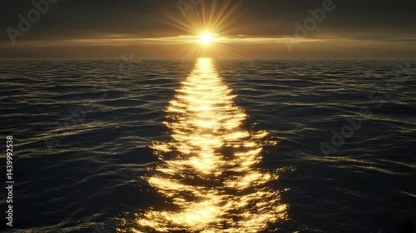 Fototapeta Golden sunset reflecting on the ocean surface creating a shimmering path of light on the water surface