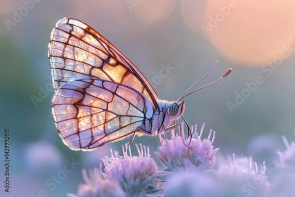 Obraz A delicate butterfly with translucent wings rests on a soft purple flower at sunset, bathed in warm golden light.