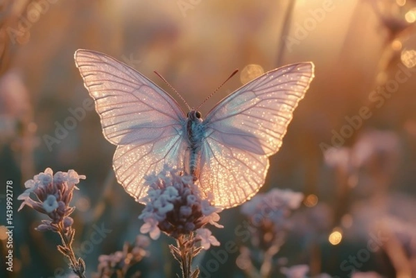 Obraz A translucent butterfly with delicate wings rests on a cluster of soft purple flowers, bathed in the golden light of sunset.