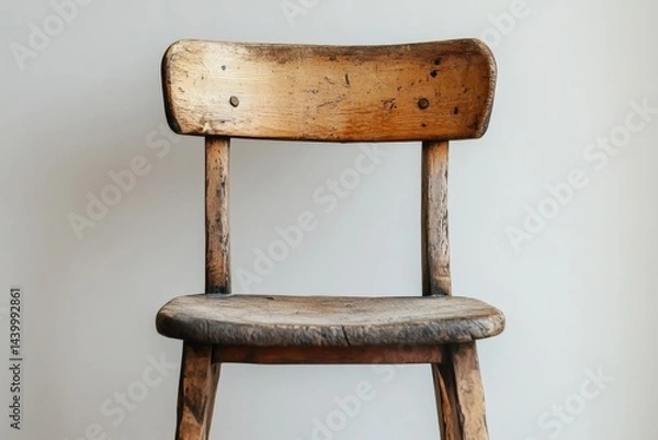 Obraz A rustic, worn wooden chair stands against a plain white wall.