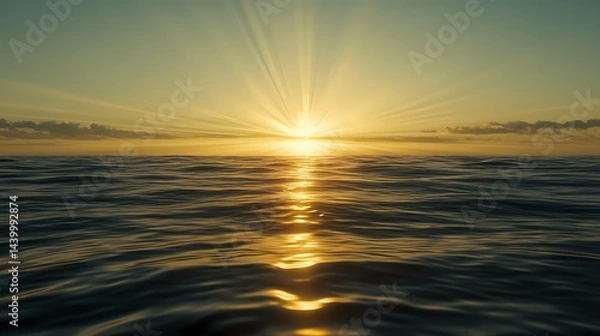 Fototapeta Golden sunset reflecting on the rippling ocean surface with soft clouds in the distance horizon view