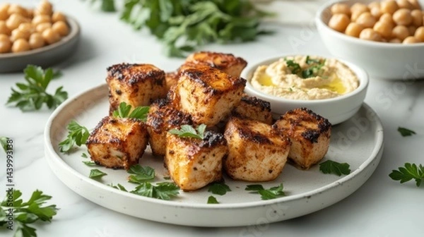 Obraz Charred kebob chicken pieces on hummus Greek food menu