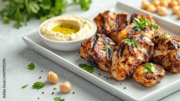 Obraz Charred kebob chicken pieces on hummus Greek food menu