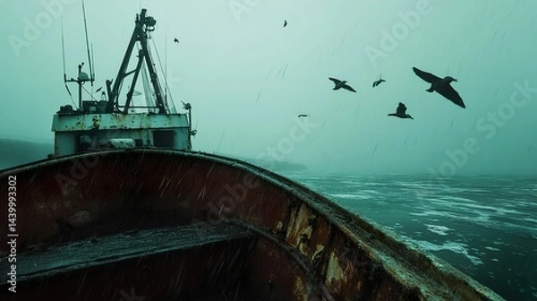 Obraz Stormy Sea and Rusty Fishing Boat