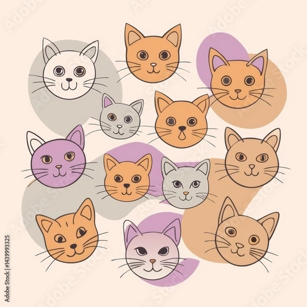 Fototapeta Colorful, minimalist cat faces drawn in a playful, overlapping pattern on a beige background.