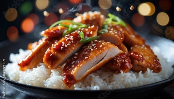Obraz Delicious sesame chicken slices drizzled with sauce served over a bed of white rice; a culinary