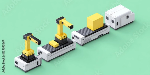 Fototapeta Three yellow robotic arms manipulate boxes on white conveyor platforms, resembling industrial automation in a minimalistic design. The setting suggests a modern assembly line