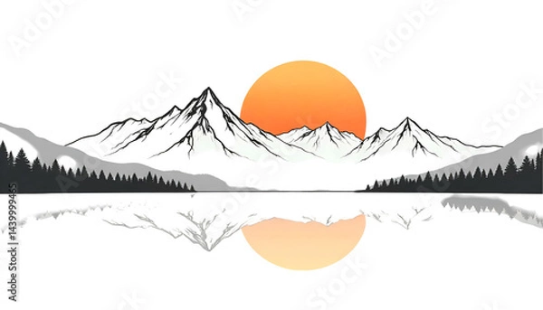 Fototapeta A minimalist design featuring mountain outlines with a yellow sun rising or setting behind them, set against a white background.

