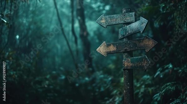 Obraz A weathered signpost stands amidst a misty forest, pointing in multiple directions.