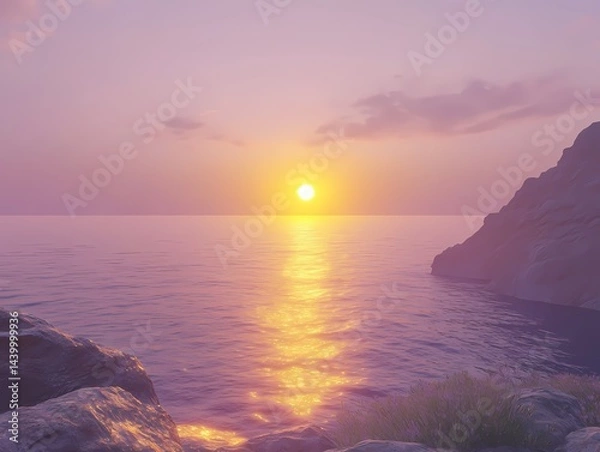 Fototapeta A serene sunset over the ocean with rocky coastline casting a golden reflection on the calm water surface