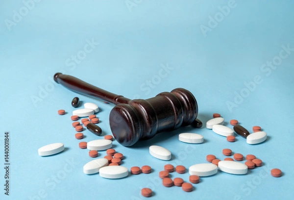 Fototapeta Crimes in the pharmaceutical industry, illegal drug sales, lawsuits against pharmaceutical companies. Fraudulent and illegal conduct by pharmaceutical companies
