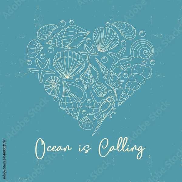 Fototapeta Hand drawn heart of seashells and starfish with quote “Ocean is Calling”. Blue vintage background, nautical summer design.
