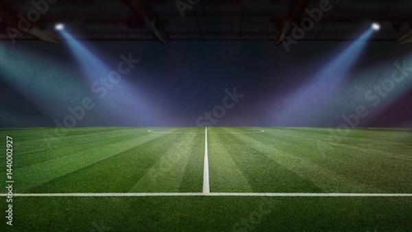 Fototapeta textured soccer game field with neon fog - center, midfield. very wide panorama.