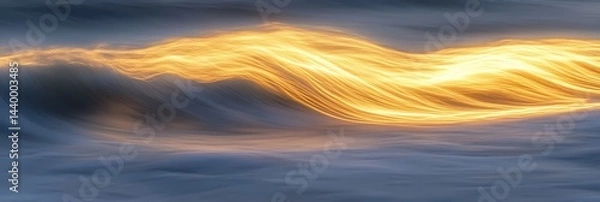 Fototapeta Abstract glowing golden wave flowing horizontally across a blurred blue and gray background image art