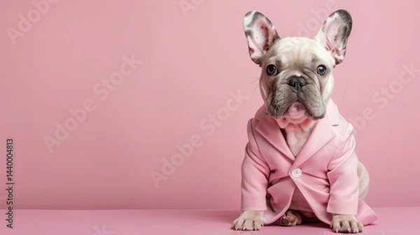 Fototapeta Close-up of a funny purebred French bulldog in a pink jacket sitting on a pink wall background and posing for the camera. Concept of funny animals, humor, pet fashion, veterinarian, style, fun, advert