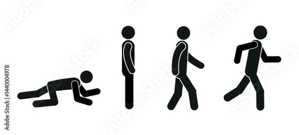 Fototapeta a man crawls, stands, walks, runs, human evolution, pictogram of a human figure in different poses, sketch