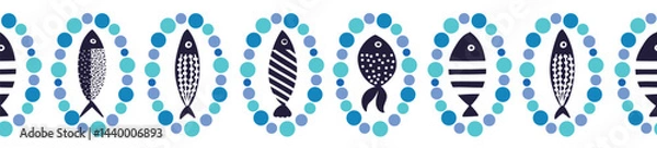 Fototapeta Vector seamless horizontal border with fish in bubble frames. Kids background.  Can be used in textile industry, paper, background, scrapbooking.