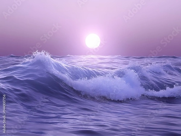 Fototapeta Ocean waves crashing under a bright sun with a soft purple sky creating a serene seascape view