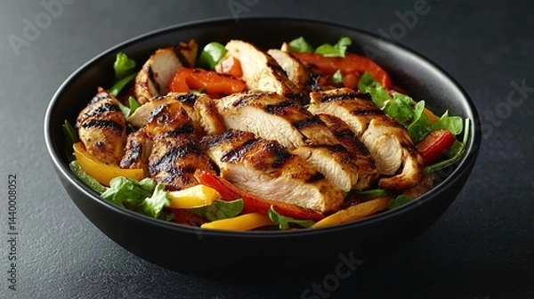 Fototapeta Grilled chicken salad with mixed greens and bell peppers in a black bowl.