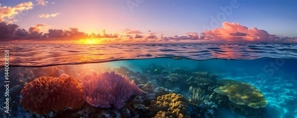 Fototapeta A split view of the ocean at sunset with coral reefs visible under the water and clouds above the waves