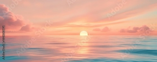 Fototapeta A serene ocean view at sunset with soft pastel colors and fluffy clouds reflecting on the water surface