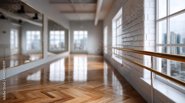 Fototapeta Interior of empty dance studio, stretching class, yoga room with wooden parquet floor, mirrors