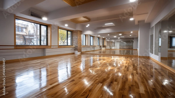 Fototapeta Interior of empty dance studio, stretching class, yoga room with wooden parquet floor, mirrors