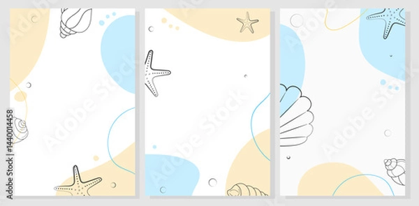 Fototapeta Set of marine backgrounds with sea ​​creatures and shells. Summer template for banner, card, note, invitation, sale and promotion.