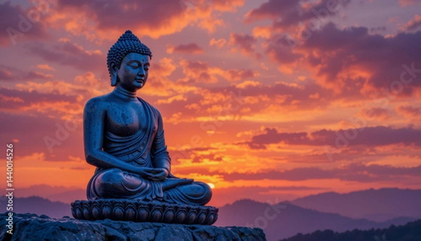 Obraz A dark bronze Buddha statue sits peacefully atop a rock, overlooking a breathtaking sunset.  Fiery orange and purple hues paint the sky, creating a captivating scene of serenity and contemplation.