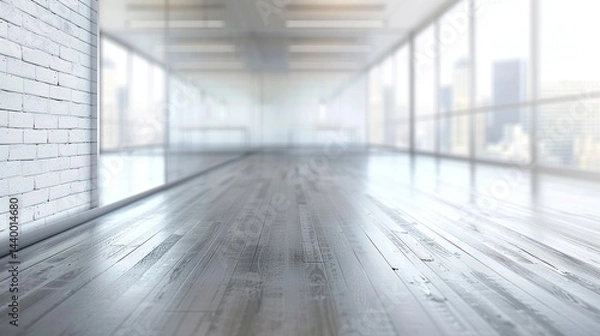 Fototapeta Abstract blurred background of modern workspace, white interior office with window and light with copy space. Blurred backgrounds for advertising and business presentation.