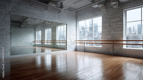 Fototapeta Interior of empty dance studio, stretching class, yoga room with wooden parquet floor, mirrors