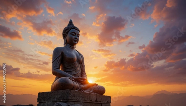 Obraz A majestic Buddha statue sits peacefully, contemplating the breathtaking sunset.  Golden hues paint the sky, creating a scene of tranquility and spiritual reflection.
