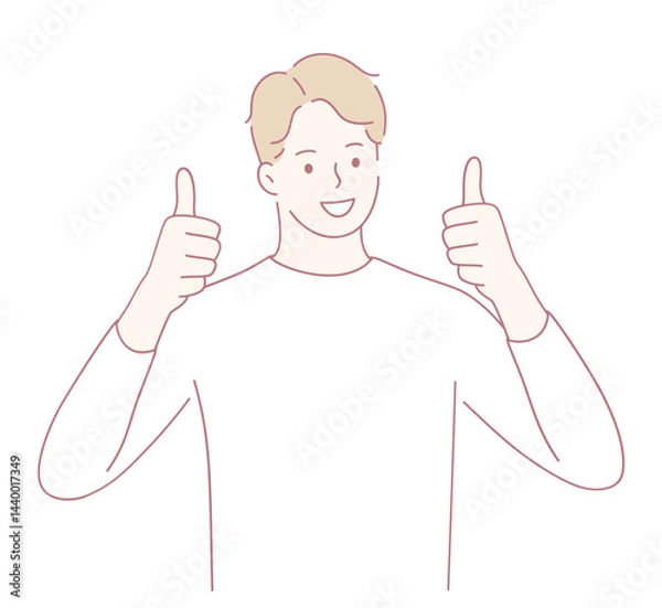 Fototapeta In a colorful illustration, a young man shows positivity with a thumbs up, symbolizing encouragement and happiness