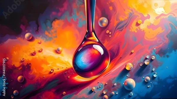 Fototapeta A massive scale acrylic painting depicting a cosmetic serum oil drop on skin cells, showcasing vibrant colors and textured brushstrokes.  The scene features epic, modern futuristic elements with bold 