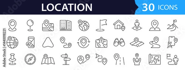 Obraz Location Web Icon Set in Line Style. Collection of Map Pin Linear Icons, Including Address, place, location, gps, directions, navigation, map, distance, map marker  and More. Editable Stroke.
