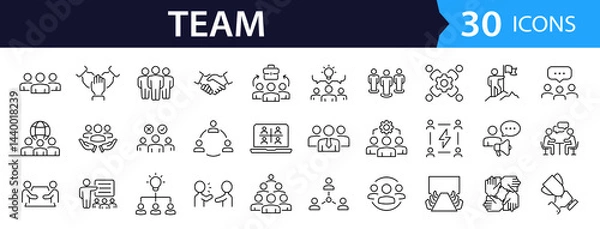Obraz Team Web Icon Set in Line Style. Collection of Teamwork Linear Icons, Including team building, workshop, human resources, business people, group, team, organization, community. Editable Stroke