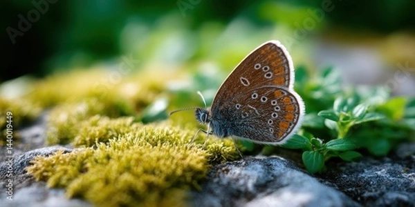 Obraz A brown butterfly rests on moss-covered rocks surrounded by green plants in a natural outdoor setting.