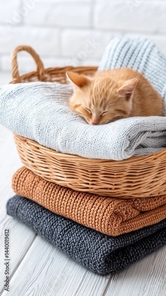 Obraz A cute orange kitten sleeps peacefully in a wicker basket on cozy folded blankets.