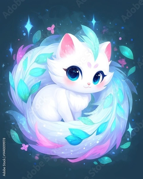 Obraz A magical, white, fluffy cat with big blue eyes is surrounded by glowing leaves and sparkles in a whimsical fantasy setting.