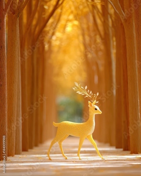 Obraz A golden deer with leafy antlers stands in a sunlit, tree-lined pathway glowing with warm autumn colors.