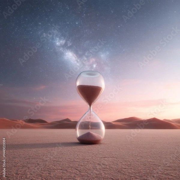 Obraz An hourglass stands on a desert floor under a starry sky, symbolizing the passage of time in a tranquil, surreal landscape.